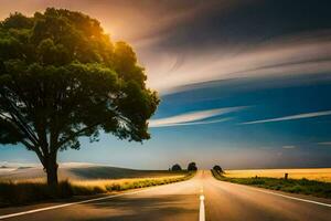 a tree stands alone on the side of the road. AI-Generated photo