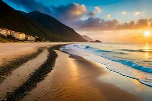 el Dom sube terminado el Oceano y el playa en esta hermosa foto. generado por ai foto