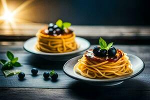 spaghetti with blueberries and basil on a wooden table. AI-Generated photo