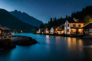 photo wallpaper the sky, mountains, lake, houses, the night, the mountains, the lake. AI-Generated