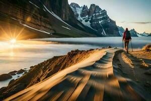 un hombre caminando a lo largo un camino en el montañas. generado por ai foto