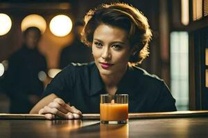 un mujer sentado a un bar con un vaso de naranja jugo. generado por ai foto