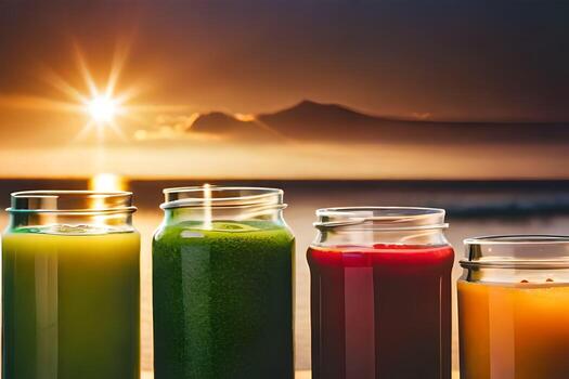 five different types of juices are lined up on a table. AI-Generated photo