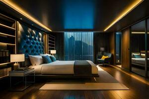 a bedroom with a large bed and a large window. AI-Generated photo