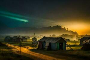 a sunrise over a village with huts and a bright light. AI-Generated photo