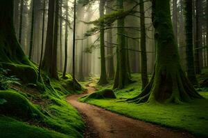 un camino mediante un verde bosque con cubierto de musgo arboles generado por ai foto