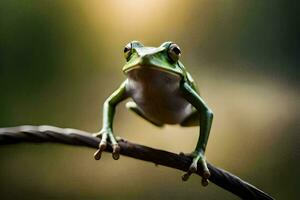 a frog is sitting on a branch with a blurry background. AI-Generated photo