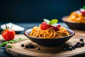 spaghetti with fresh strawberries and basil leaves in a bowl. AI-Generated photo
