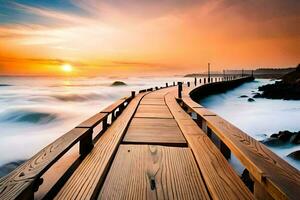 a wooden pier with the sun setting over the ocean. AI-Generated photo