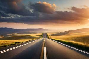 a long road stretches across the landscape with a sunset in the background. AI-Generated photo