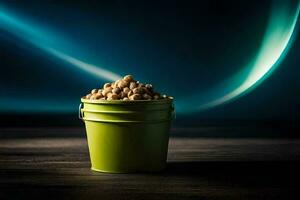 a bucket of peanuts on a table. AI-Generated photo