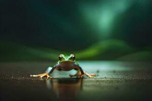 a frog is sitting on the ground in front of a green background. AI-Generated photo