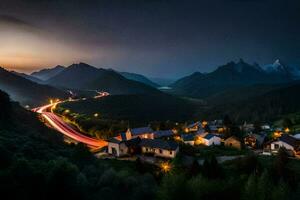 un pueblo y montaña rango a noche. generado por ai foto