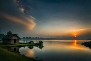 un lago con un choza y un puesta de sol. generado por ai foto