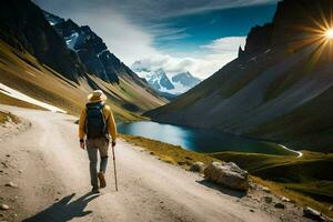 a man with a backpack walking on a road in the mountains. AI-Generated photo