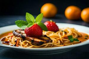 a plate of spaghetti with meat and strawberries. AI-Generated photo