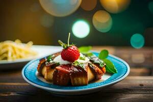 the food is served on a plate with a strawberry and a fork. AI-Generated photo