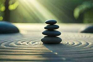 a stack of stones on a wooden table. AI-Generated photo