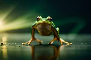 a frog is standing on a wet surface. AI-Generated photo