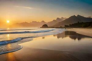 el Dom conjuntos terminado un playa y montañas. generado por ai foto