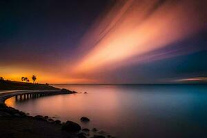 a long exposure photograph of a pier at sunset. AI-Generated photo