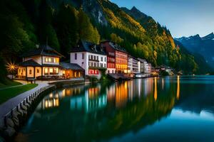 a town sits on the shore of a lake at night. AI-Generated photo