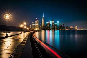 un largo exposición fotografía de el ciudad horizonte a noche. generado por ai foto
