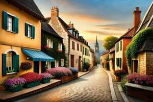an artistic painting of a street in europe. AI-Generated photo