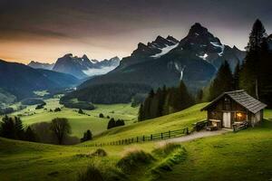 the cabin in the mountains, alps, mountains, alps, mountains, alps,. AI-Generated photo