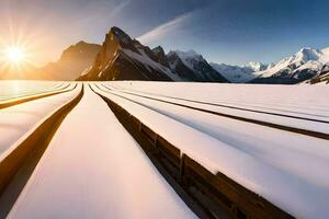 a train tracks in the snow with mountains in the background. AI-Generated photo