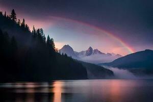 a rainbow is seen over a lake and mountains. AI-Generated photo