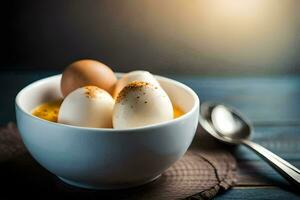 eggs in a bowl on a wooden table. AI-Generated photo