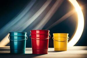 three colorful buckets on a table. AI-Generated photo