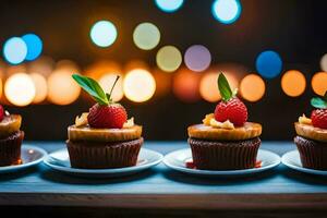 four cupcakes with strawberries on top. AI-Generated photo