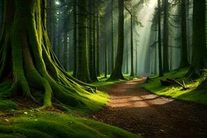 a path through a green forest with trees. AI-Generated photo