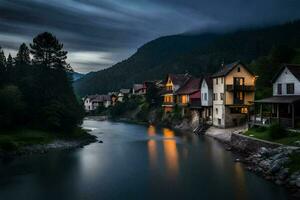 un río carreras mediante un pueblo a noche. generado por ai foto