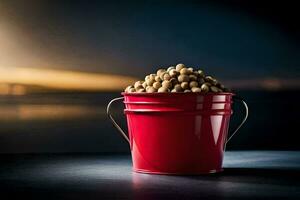 a red bucket filled with peanuts on a table. AI-Generated photo