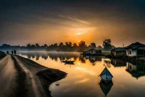 a boat is tied to a dock at sunset. AI-Generated photo