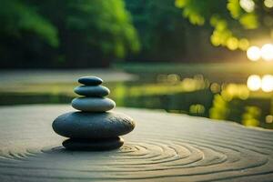 a stack of stones sitting on the sand near a lake. AI-Generated photo