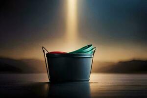 a bucket with two red and green plastic buckets. AI-Generated photo