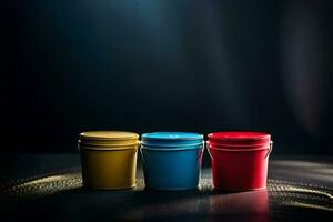 three colorful buckets on a dark surface. AI-Generated photo