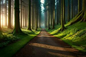 a path through a forest with trees and grass. AI-Generated photo