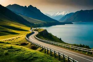 the road to lake tekapo, new zealand. AI-Generated photo