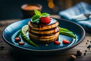 pancakes with berries and syrup on a blue plate. AI-Generated photo