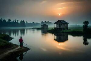 a man is walking along the river with a stick. AI-Generated photo