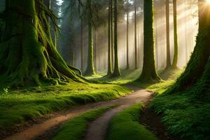 a path through a forest with trees and sun. AI-Generated photo