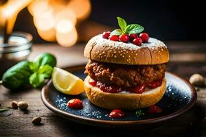 a hamburger with cranberry sauce and cheese on a plate. AI-Generated photo