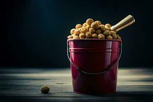 a bucket filled with peanuts and a spoon. AI-Generated photo