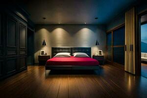 a bedroom with a bed and wooden floors. AI-Generated photo