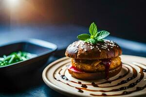 a hamburger with sauce and green beans on a plate. AI-Generated photo